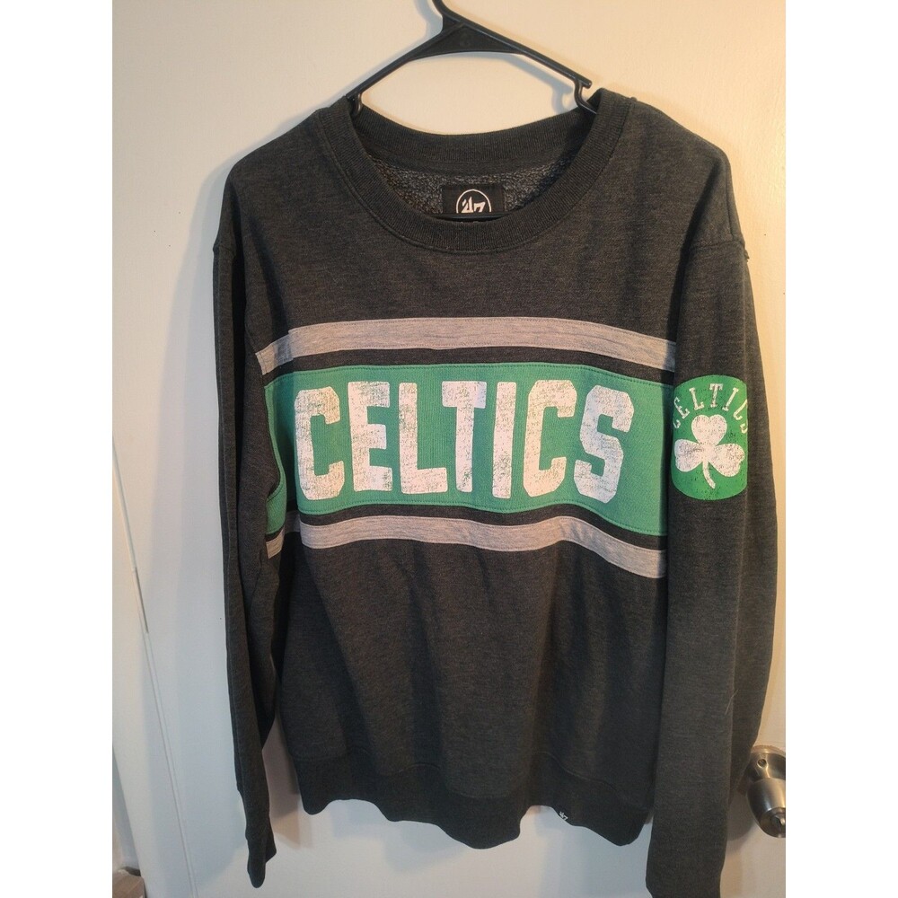 47 Brand Boston Celtics Sweatshirt Mens XL Gray Green Stripe Crewneck Pullover